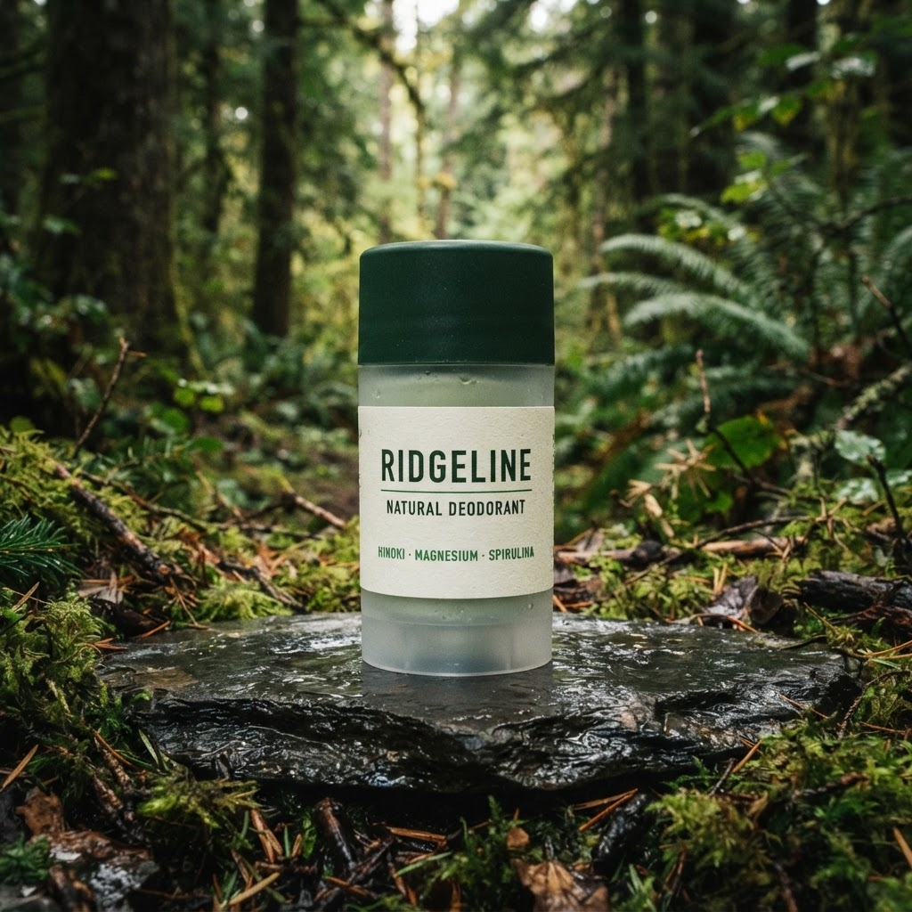Ridgeline Skin Natural Deodorant frosted tube on a wet forest stone