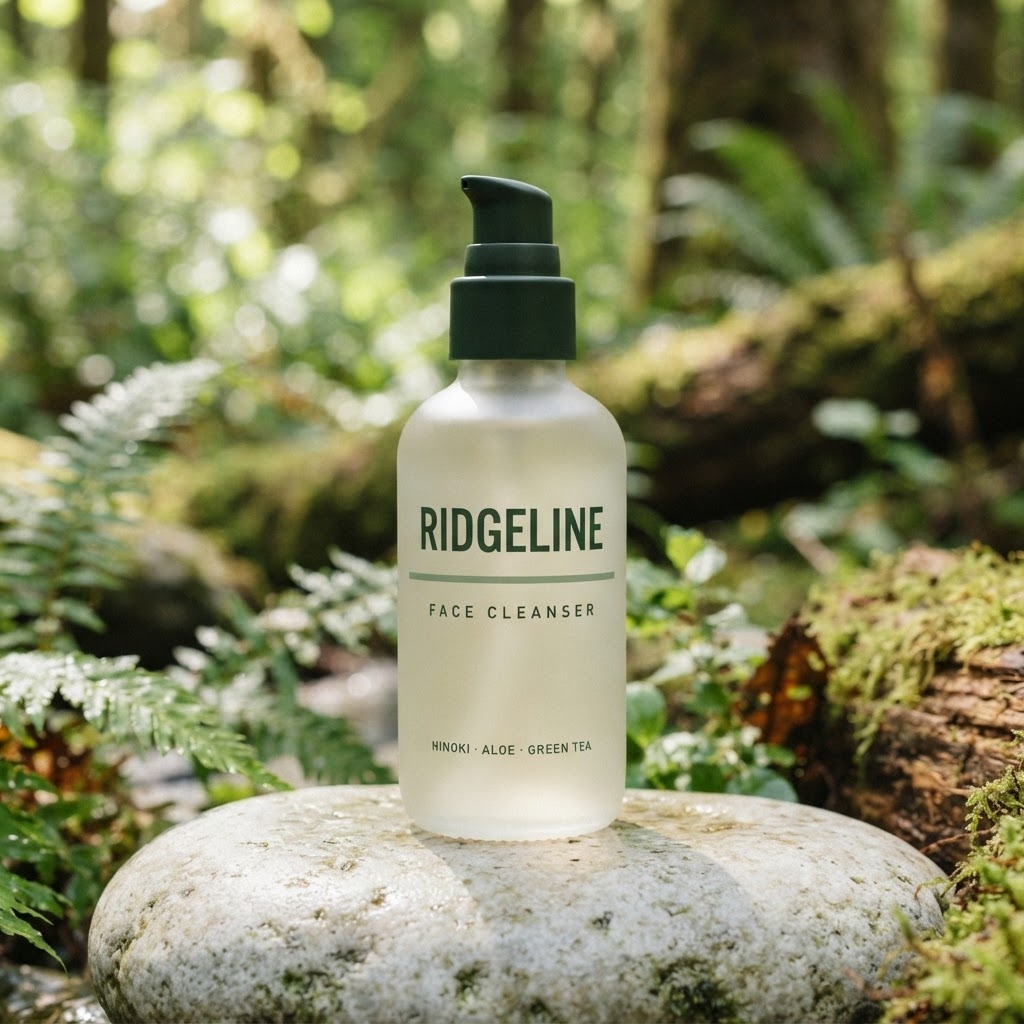 Ridgeline Skin Face Cleanser bottle on a mossy stone in a forest