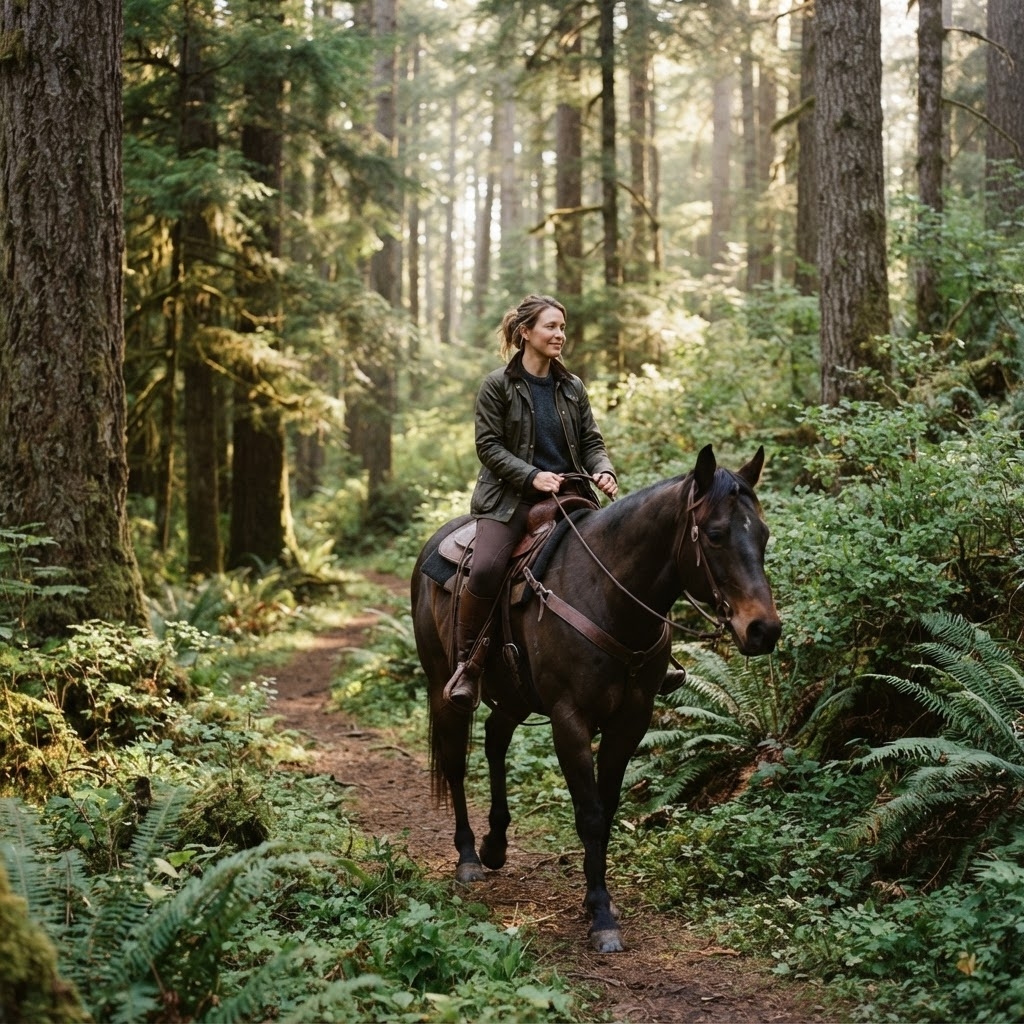 A rider on horseback crossing a mountain valley trail