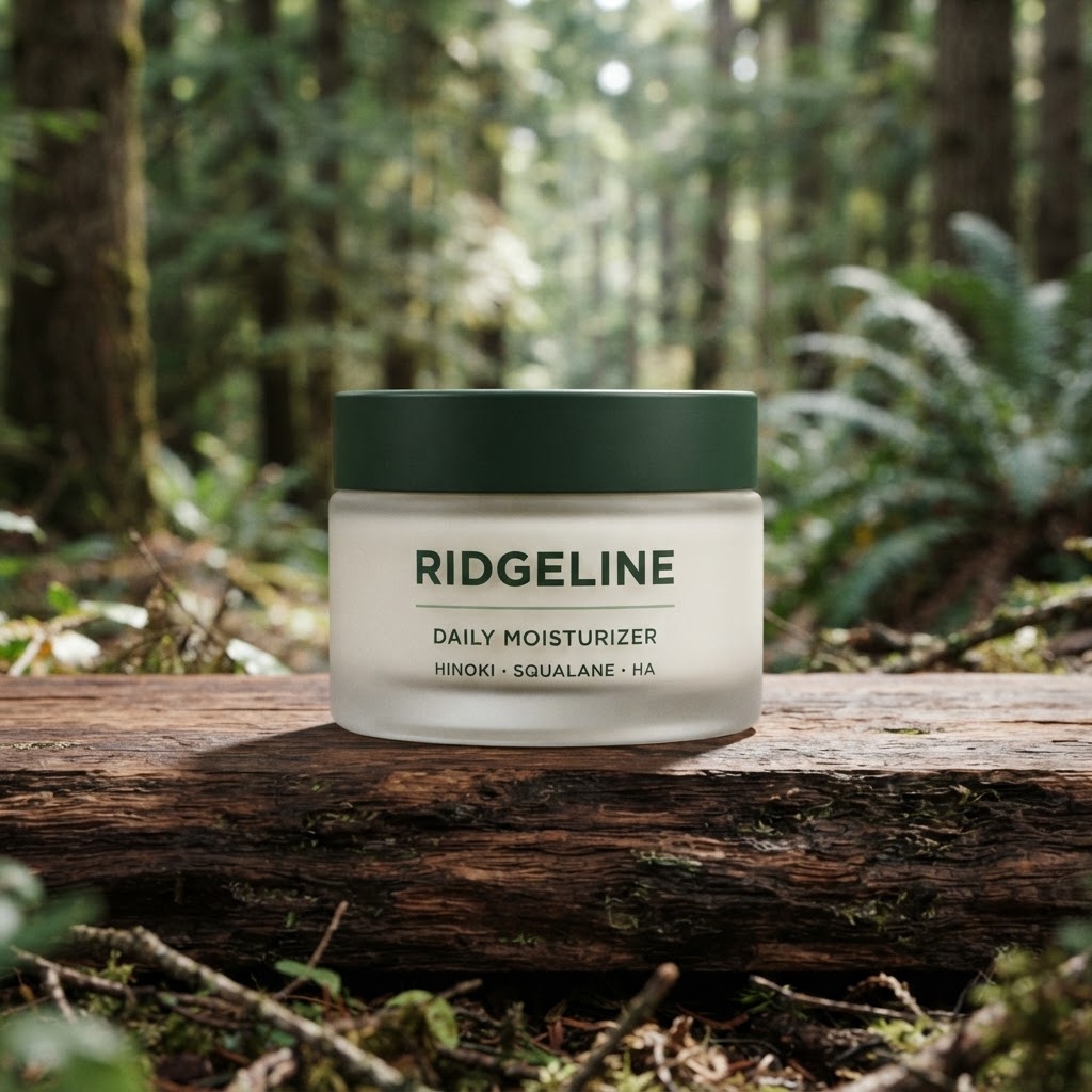Ridgeline Skin Detoxifying Seaweed Body Mask jar on a fallen log in a forest