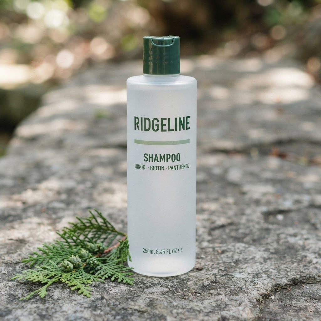 Ridgeline Skin Shampoo bottle on a granite rock with cedar sprigs