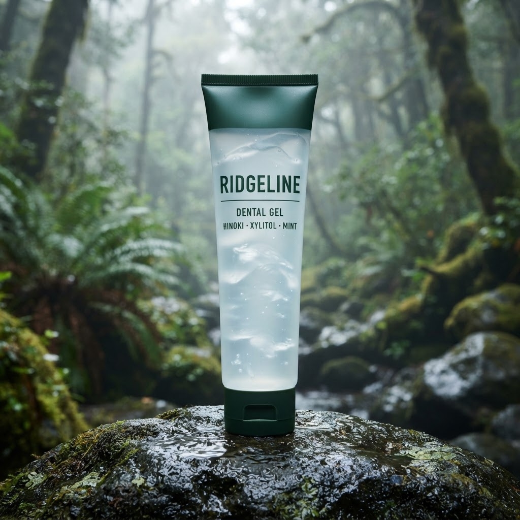 Ridgeline Skin Dental Gel frosted tube with clear gel on a wet forest rock