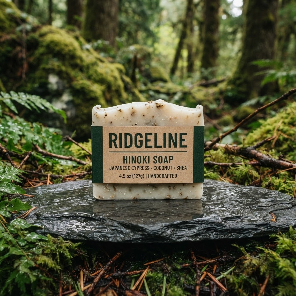 Ridgeline Skin Hinoki Soap handcrafted bar in kraft wrap on wet slate