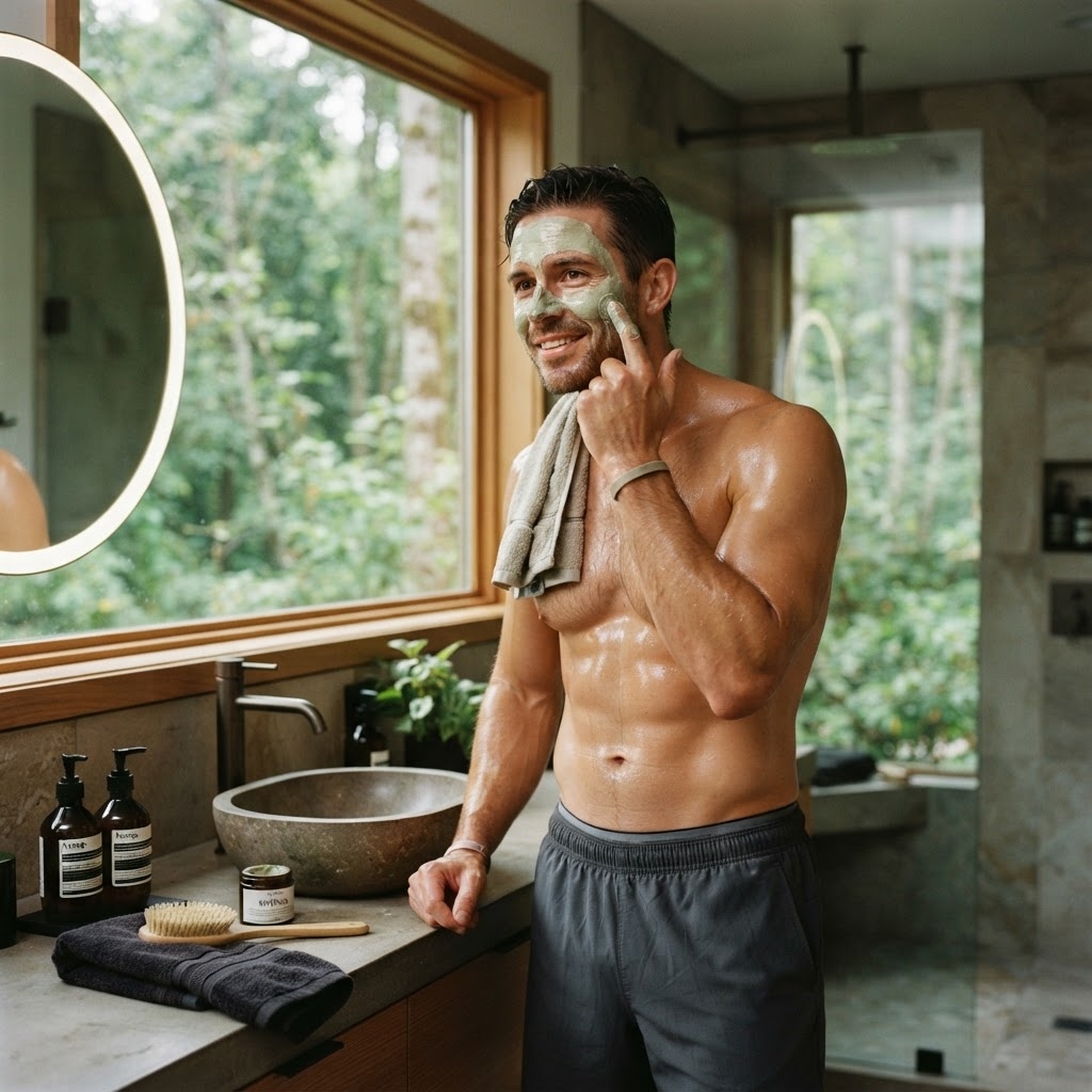 Man applying a green tea face mask in a bathroom with a forest view