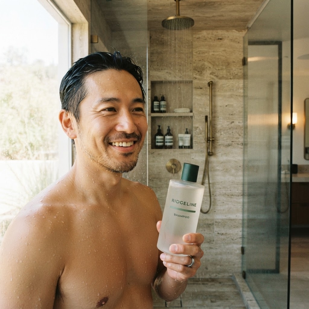 Kenji T. using Ridgeline Skin body wash in a sunlit shower