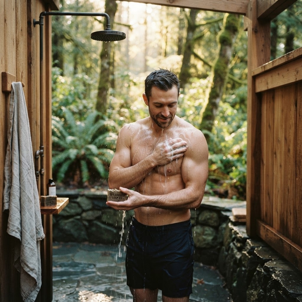 Man lathering up with bar soap in an outdoor cedar shower