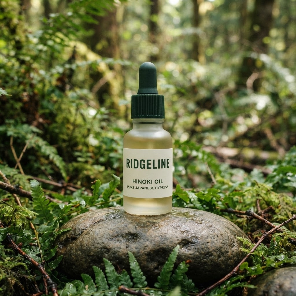 Ridgeline Skin Hinoki Oil dropper bottle on a river stone among ferns