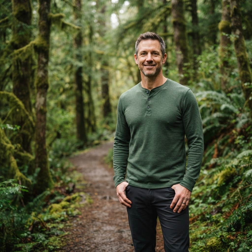 Evan M. standing in a forest in a flannel shirt