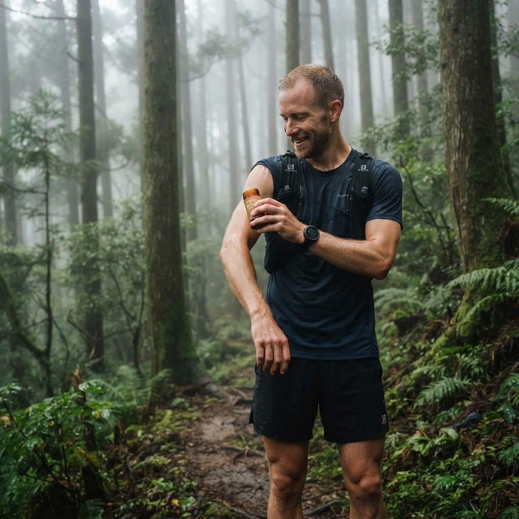 Trail runner applying natural deodorant on a misty forest path