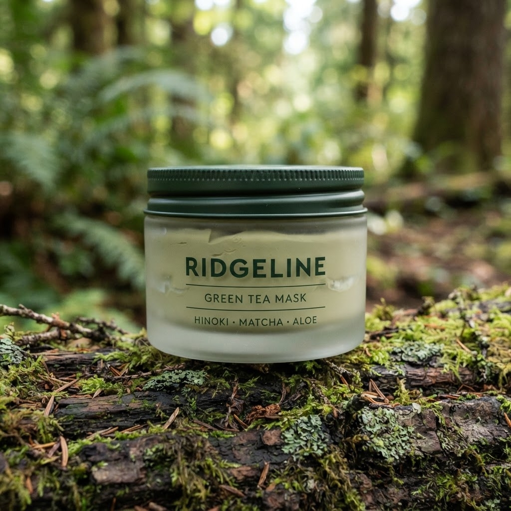 Ridgeline Skin Green Tea Mask frosted glass jar on a mossy log