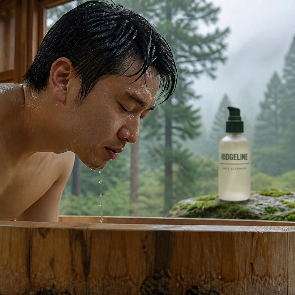 Man rinsing his freshly washed face at a hinoki wood basin overlooking a misty cypress forest, with a Ridgeline Skin Face Cleanser bottle resting on a mossy stone in the background