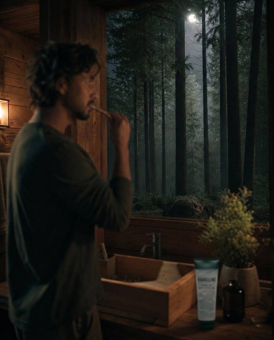 Man brushing his teeth at a hinoki wood sink at night, with the Ridgeline Skin Dental Gel tube resting on the counter beside a misty moonlit cypress forest window