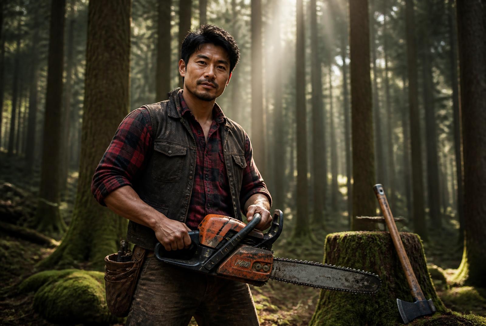 A rugged Japanese Hinoki lumberjack in an indigo work jacket beside his axe and saw, standing among towering misty Hinoki cypress trees in the Kiso Valley