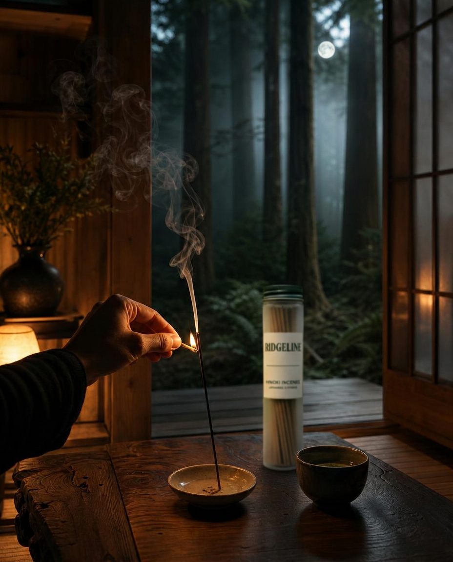 Hand lighting a hinoki incense stick at a wooden table, with the Ridgeline Skin Hinoki Incense tube resting nearby and a misty moonlit cypress forest through the open door